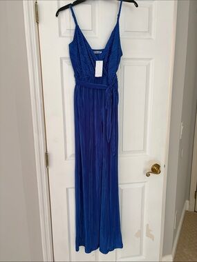 Electric Blue Pleated Spaghetti-Strap Jumpsuit with Self-Tie Waist